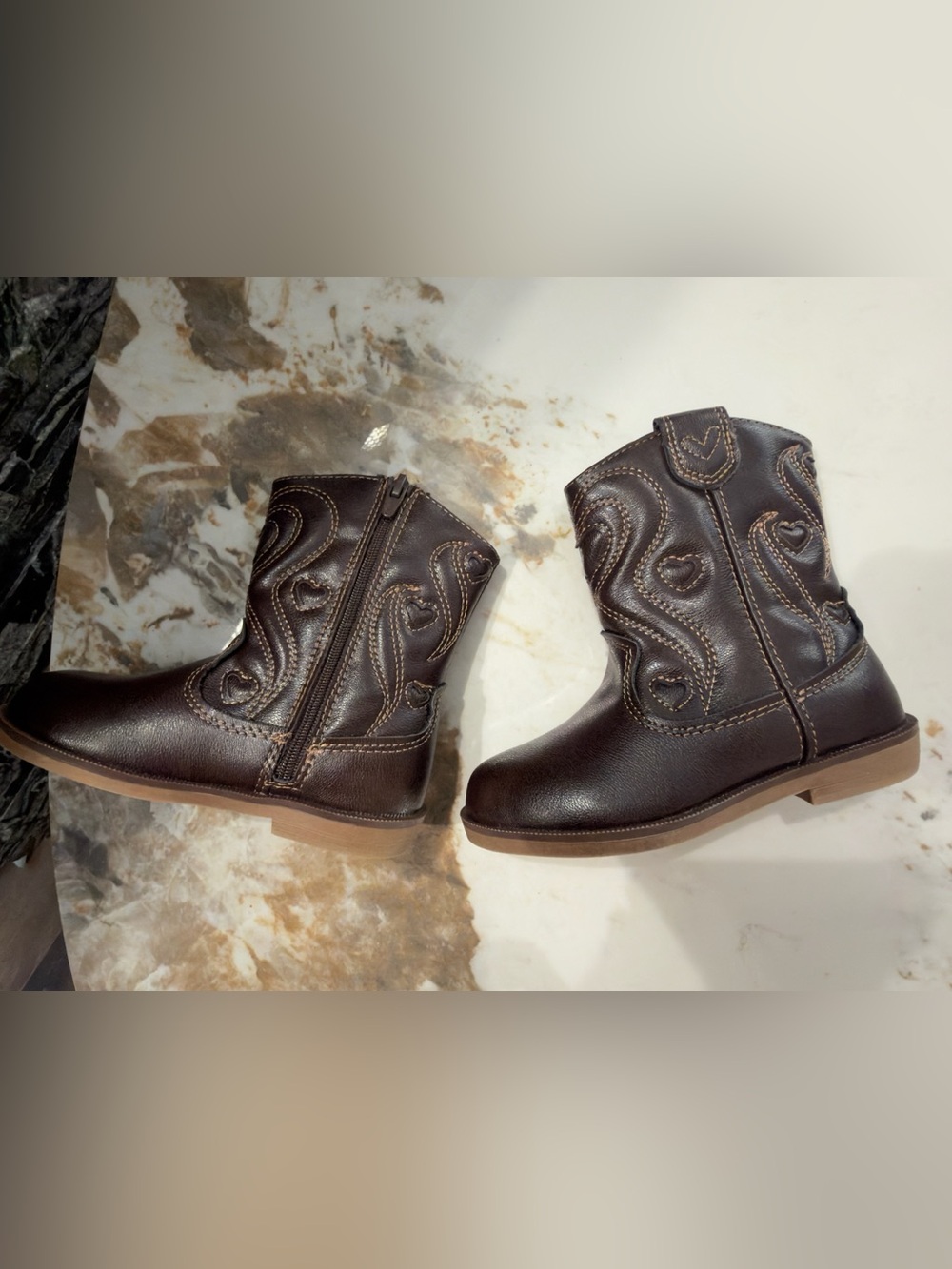 ZARA Leather Toddler Kids Brown Western Zip-Up Boots with Heart Stitching